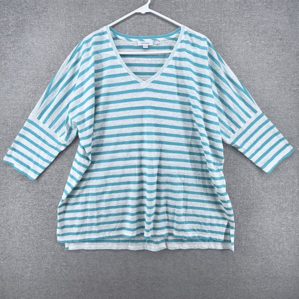 Chicos Relaxed Tunic Top Women Size 2/Large Turquoise White Striped V Neck Linen